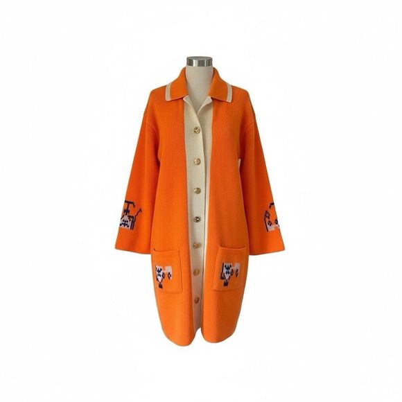 Women Vtg 70s Cardigan Sweater neon Orange Darling Knitwear France Dopamine - Picture 1 of 8